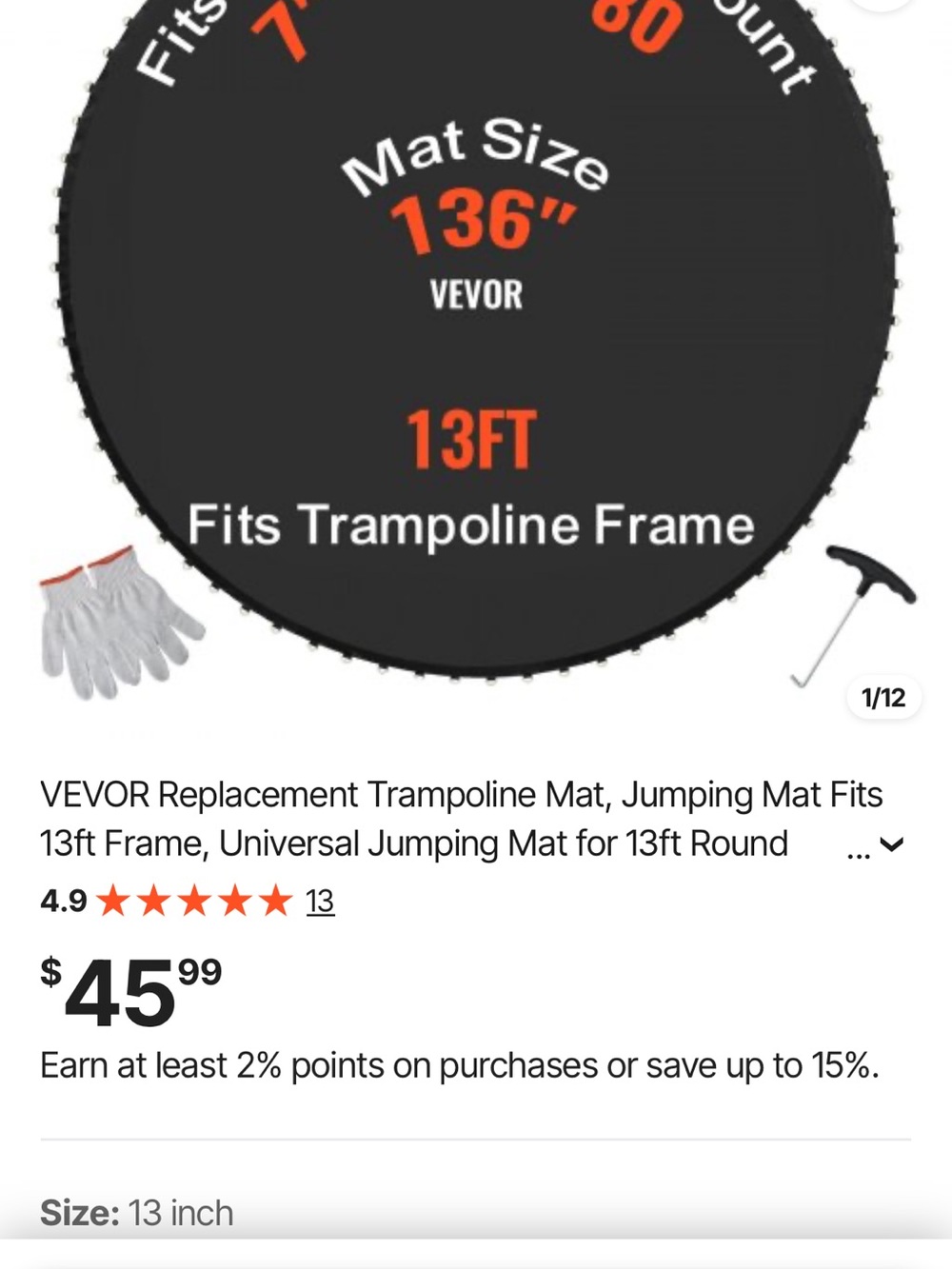 VEVOR 13FT Trampoline Jumping Mat - Black with Orange Accents